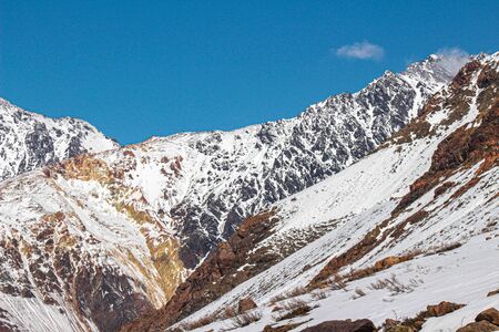 Natural Monument El Morado Park, in CajÃ³n del Maipo, central andes of Chile. Snowy and rocky mountains in the national park.の写真素材