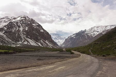 Mountain landscape in Lo ValdÃ©s Valley, CajÃ³n del Maipo, Central Andes of Chile.