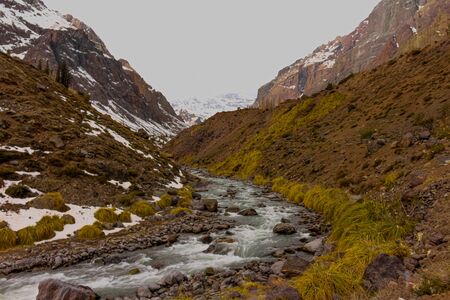 Maipo river in Lo ValdÃ©s Valley, CajÃ³n del Maipo, Central Andes of Chile.の写真素材