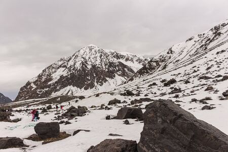 Mountain landscape during winter in Lo ValdÃ©s Valley, CajÃ³n del Maipo, Central Andes of Chile.の写真素材