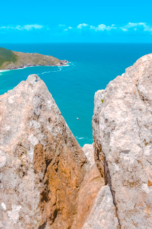 View from the top of the mountain to the sea and blue skyの写真素材