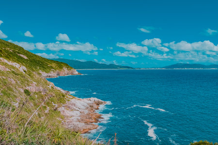 Beautiful seascape with blue sea and blue skyの写真素材