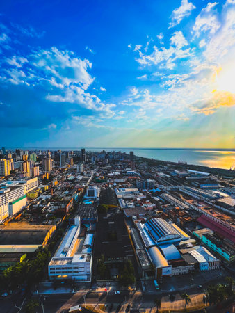 Aerial view of city at sunset time, Thailand.の写真素材