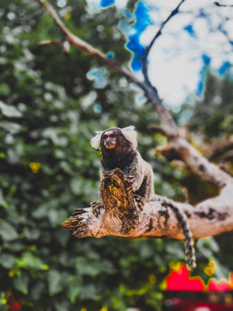 A closeup shot of a marmoset sitting on a tree branchの写真素材