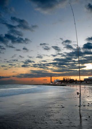 A vertical shot of a fishing rod on the beach under a cloudy skyの写真素材