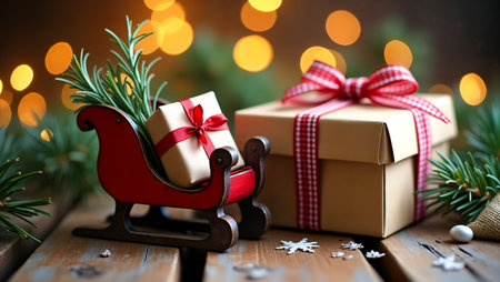 Christmas decoration with gift box and fir tree branch on wooden background.の素材