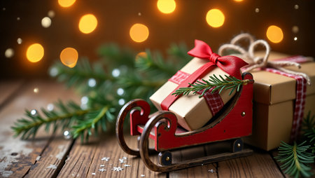 Christmas presents on wooden sledge with bokeh lights on backgroundの素材