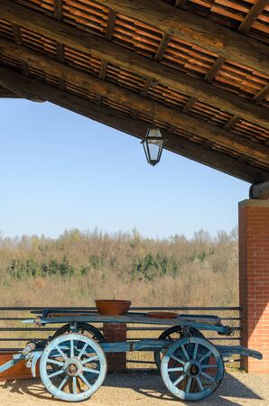 Farming cart with blue wheelsの写真素材