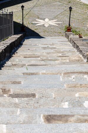 View from the top of a stone staircaseの写真素材