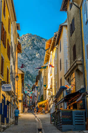 Pedestrian city center of Briancon with mountains in the backgroundのeditorial素材