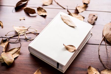 white book on a wooden table with glasses and some leafsの写真素材