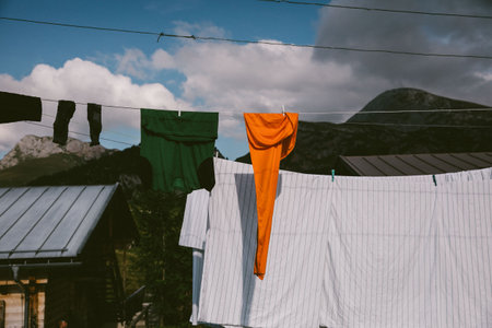 clothes drying on a clotheslineの写真素材