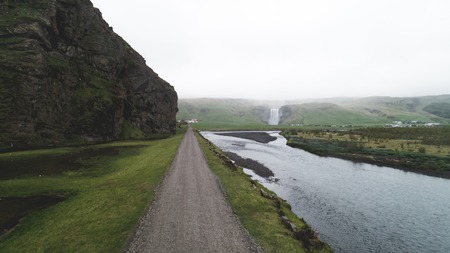 aerial view of skogafoss with cliff and river icelandの写真素材