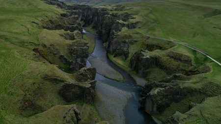 fjadrargljufur iceland aerial view with cloudsの写真素材
