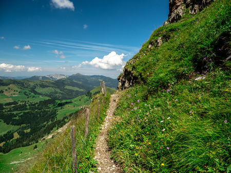 beautiful hiking path in the swiss alps, hohenweg sorenbergの写真素材