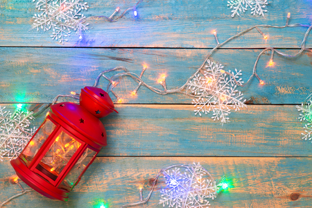 Christmas background with decorations on wooden background. Top view with copy spaceの写真素材