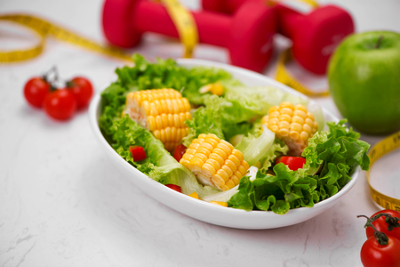Healthy fitness meal with fresh salad. Diet concept.の写真素材