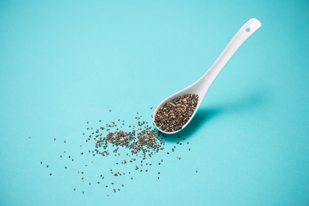 Close-up of ealthy chia seeds in a spoon. Text space.の写真素材