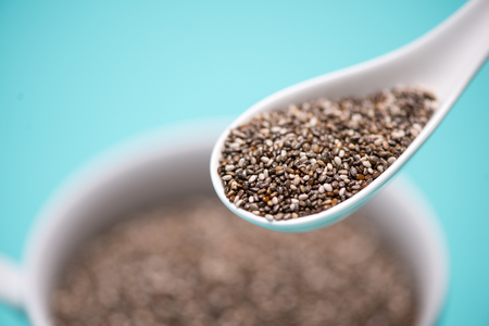 Close-up of ealthy chia seeds in a spoon. Text space.の写真素材