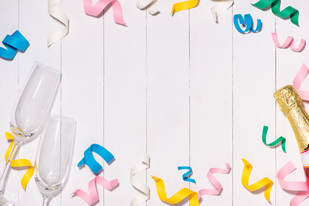 Celebration Flat lay with colorful party items on wooden background.の写真素材