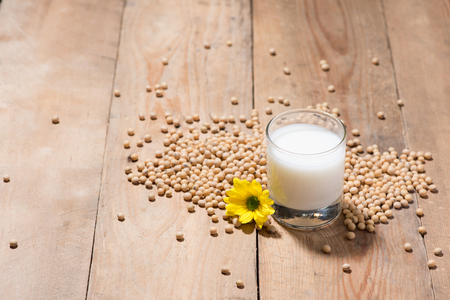 Soy milk or soya milk and soy beans in spoon on wooden table.の写真素材