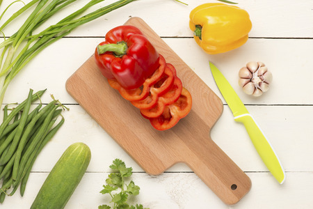 Various fruits and vegetables with white paper card. Flat lay. Food concept.の写真素材