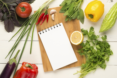 Various fruits and vegetables with white paper card. Flat lay. Food concept.の写真素材