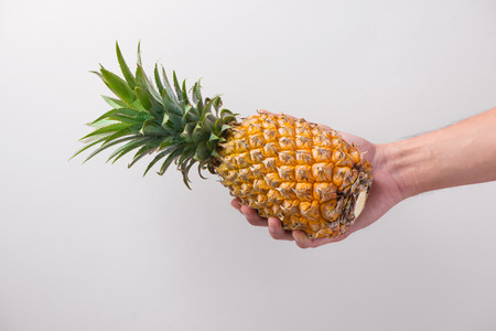 Male hand holding a pineapple isolated on white.の写真素材
