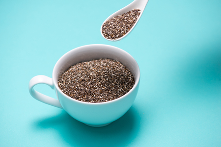 Close-up of ealthy chia seeds in a spoon. Text space.の写真素材