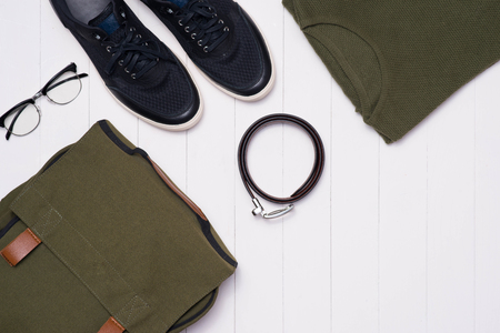 Men's casual outfits with accessories on wooden backgroundの写真素材