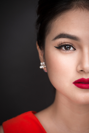 Portrait of beautiful woman asian model lady with perfect make-up and red lipsの写真素材