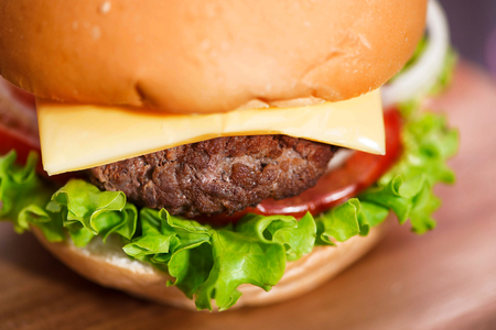 Homemade burger on table. Top view, copy space, horizontalの写真素材
