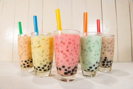 Boba / Bubble tea. Homemade Various Milk Tea with Pearls on wooden table.の写真素材