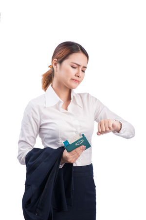 Portrait of asian businesswoman traveling with suitcase and holding passport and ticket.の写真素材
