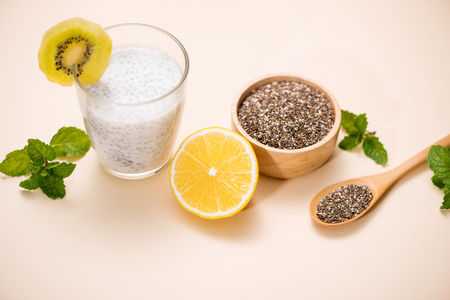 Healthy breakfast with chia pudding in glassの写真素材