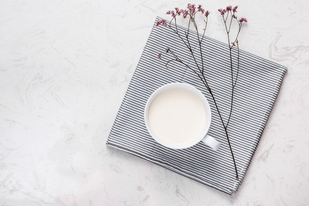 Dairy products. Top view of a cup of milk on a table.の写真素材