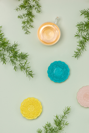 Chinese famous food. Mooncakes. Chinese pastries traditionally eaten during the Mid-Autumn Festivalの写真素材