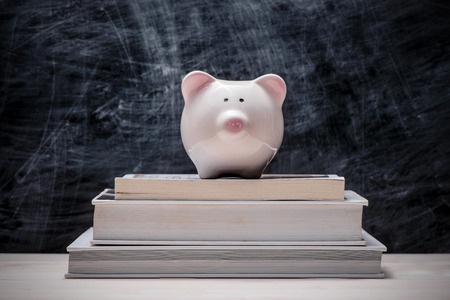 Education financial saving. Pink Piggy bank on top of books with chalkboard.の写真素材
