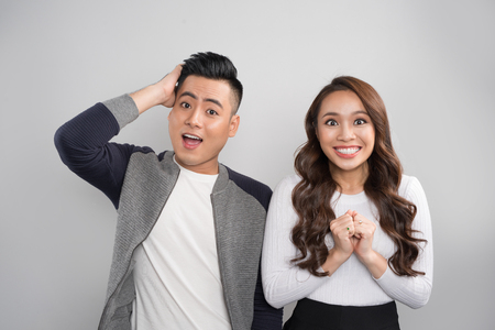 Portrait surprised asian couple.の写真素材