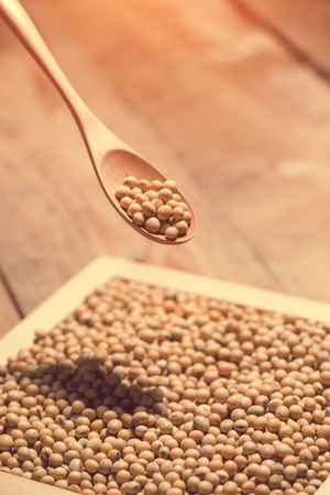 Soya beans in spoon on wooden table.の写真素材