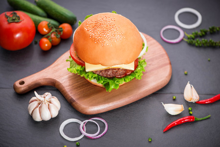 Homemade burger on table. Top view, copy space, horizontalの写真素材