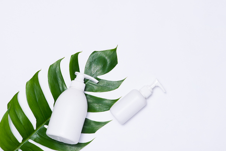 Cosmetics SPA branding mock-up, top view, on white background.の写真素材