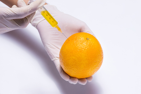 Science experiment with orange and syringe isolated on white.の写真素材