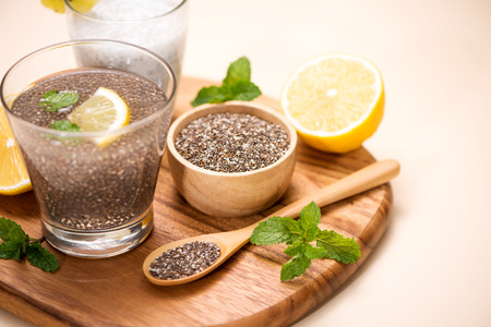 Healthy breakfast with chia pudding in glassの写真素材