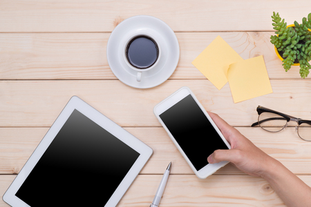 Tablet header image. Office stuff, workplace, top viewの写真素材
