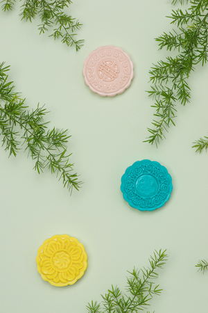 Chinese famous food. Mooncakes. Chinese pastries traditionally eaten during the Mid-Autumn Festivalの写真素材