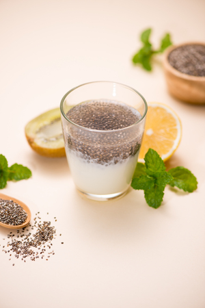 Healthy breakfast with chia pudding in glassの写真素材