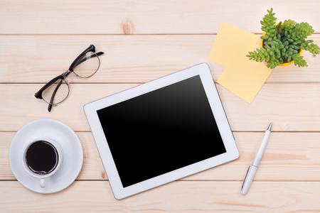 Tablet header image. Office stuff, workplace, top viewの写真素材