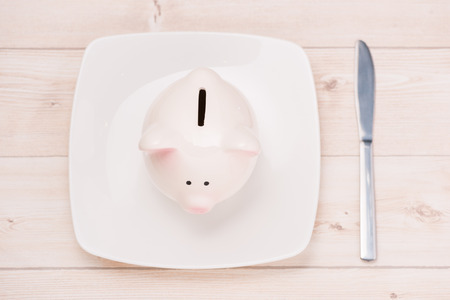 A pink piggy bank on dish. Financial concept.の写真素材