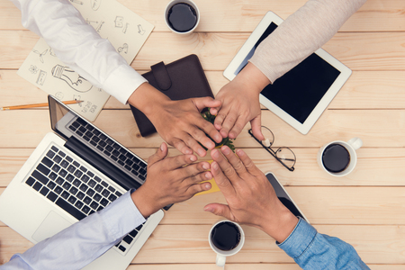 Collaboration connection team brainstorming inity. Teamwork stacking hand conceptの写真素材